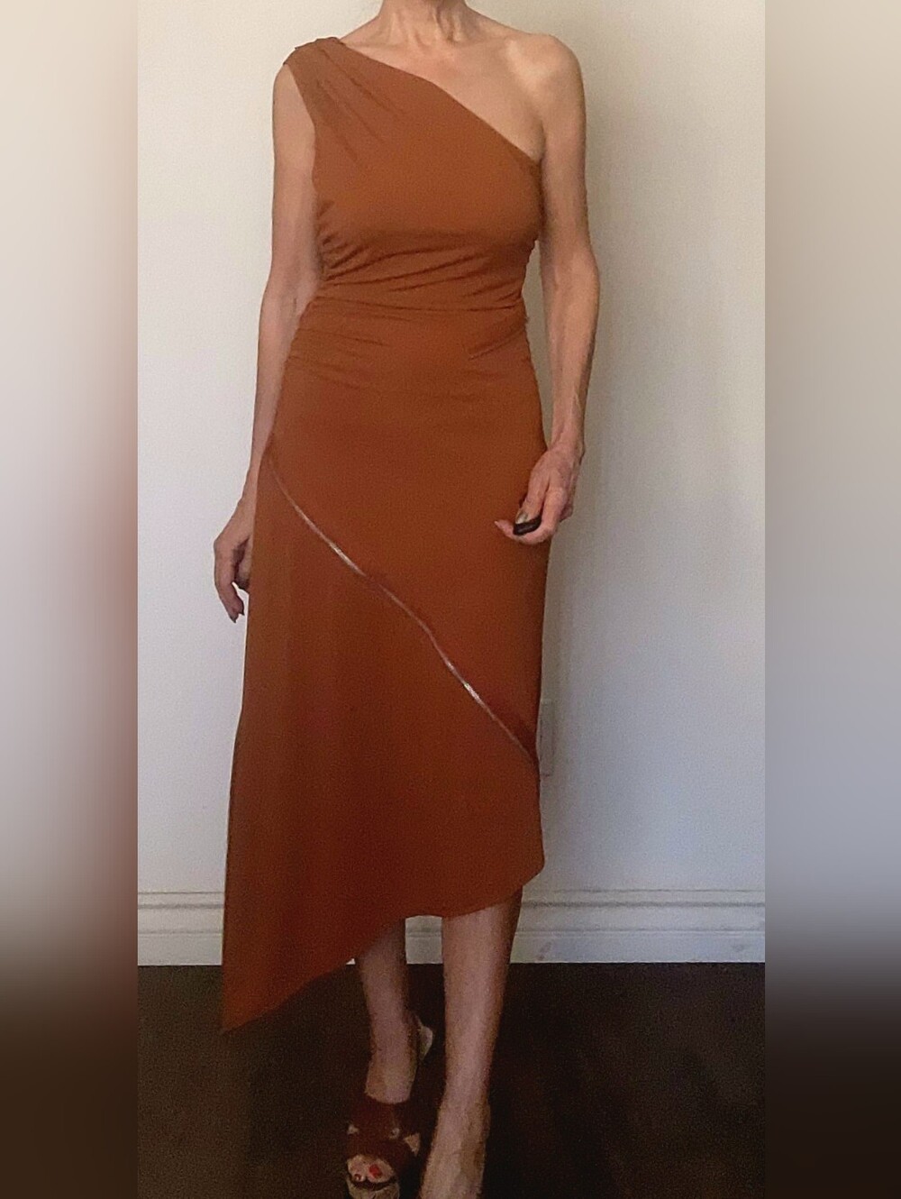 ZARA NWT One Shoulder Asymmetrical Zipper Detail Midi Dress Camel Brown - Size M - Picture 4 of 8